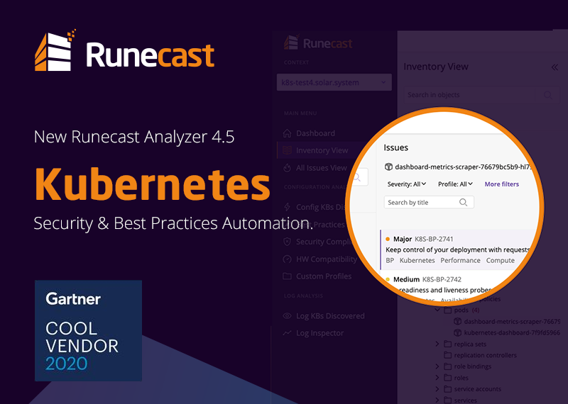 Runecast Analyzer automates proactive checks of your Kubernetes infrastructure against best practices and security compliance standards.