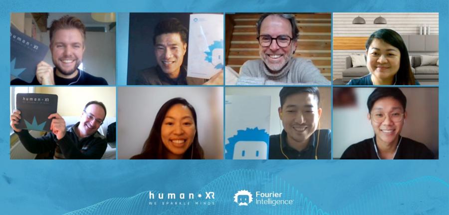 Snapshot from the team from Fourier Intelligence and HumanXR.  From top left: Mr Niels Wetzels, Mr Zen Koh, Mr Han Dols, Ms Sandra Lee. From bottom left: Mr Marco Ghislanzoni, Ms Sarah Lim, Mr Owen Teoh, Mr Jake Kee.