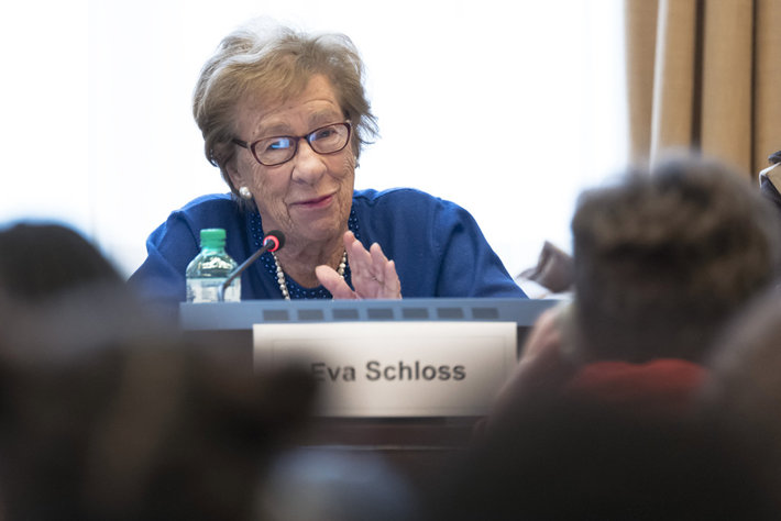 Holocaust survivor Eva Schloss, speaking at International Day in Memory of the Victims of the Holocaust in 2018 (photo courtesy of UN Geneva under Creative Commons license)