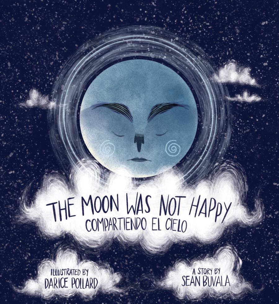 cover image of the book the moon was not happy, featuring a drawing of a sad moon on a background of night sky and clouds