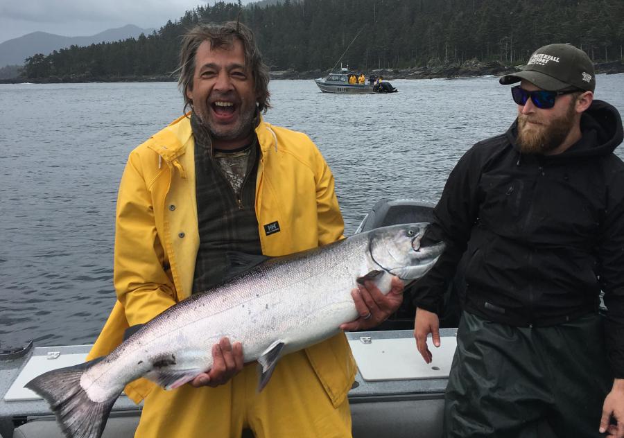 First time guest at Waterfall Resort Alaska, Bradley Maunz, with his 29.8 lb king salmon winning King of the Day (KOD).
