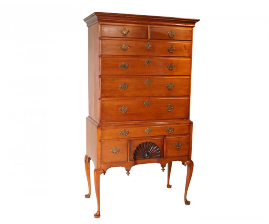 Queen Anne carved maple high chest of drawers, New Hampshire, 1768, signed "Reuben Ennis, Sr./Richard Osgood, made this drawer, 1768". Estimate: $4,000-$8,000.