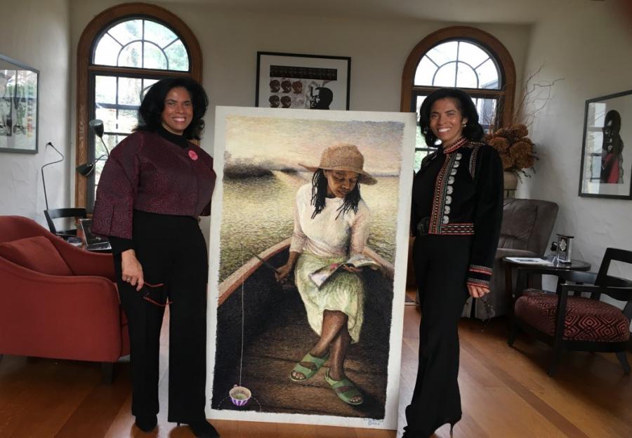 The Mackey Twins with Ruth Miller's  embrodiered art piece, 'Teacup Fishing.'