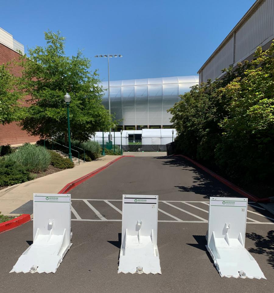 Barriers protecting streets around TrackTown USA in Eugene, OR