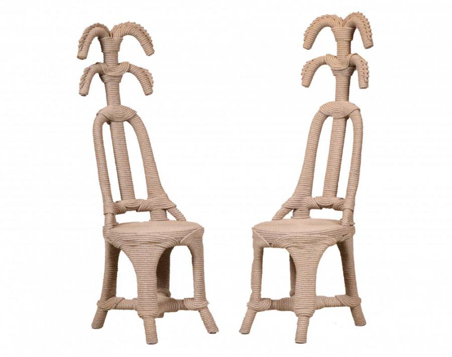 Pair of Christian Astuguevielle (French, b. 1946) designed chairs, hemp rope and wood.