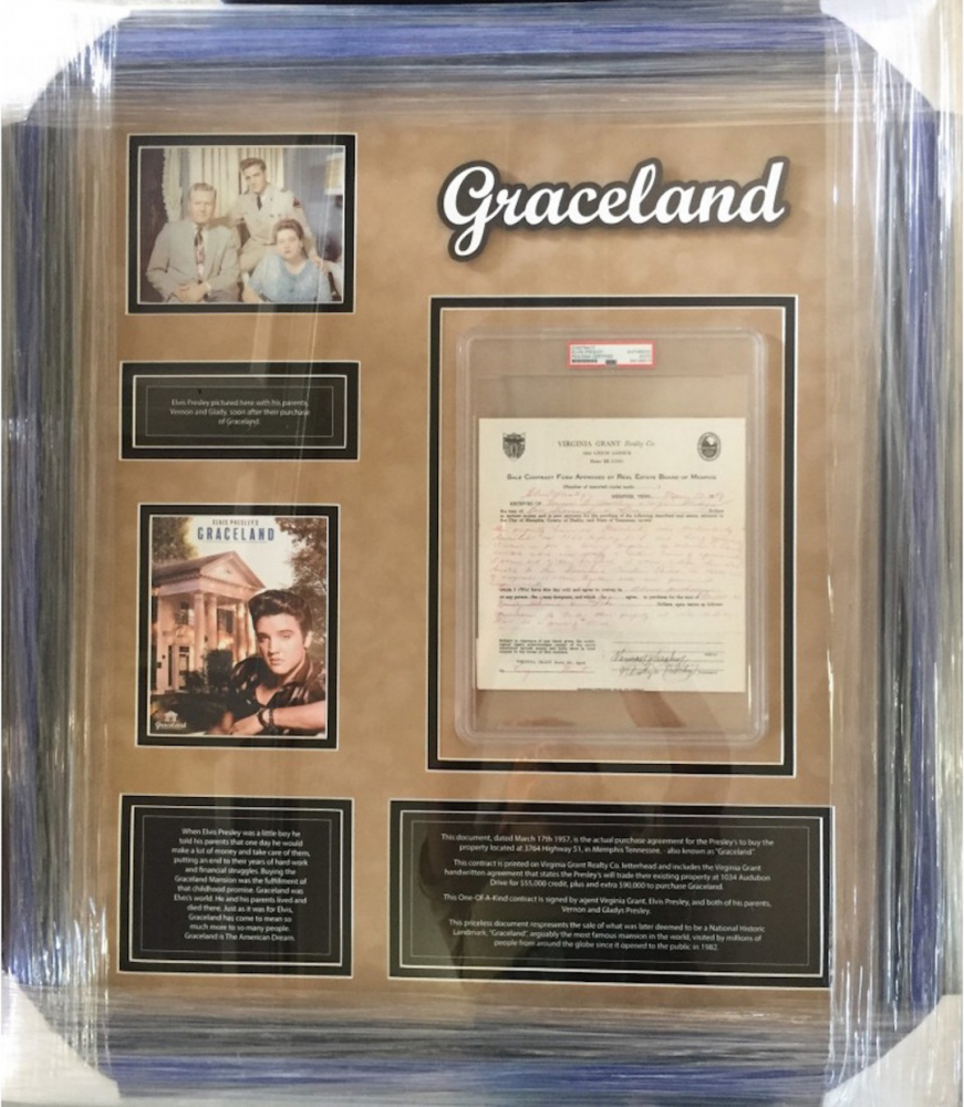 The custom-framed 1957 contract signed by Elvis Presley and his parents for the purchase of the home in Memphis that became known as Graceland sold online for $114,660.