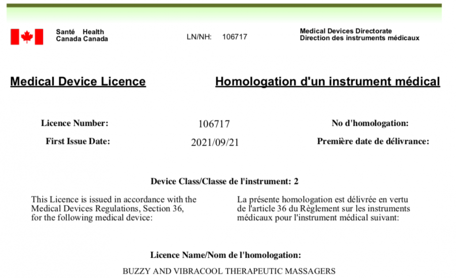 Image of Medical Device Licence issued by Health Canada
