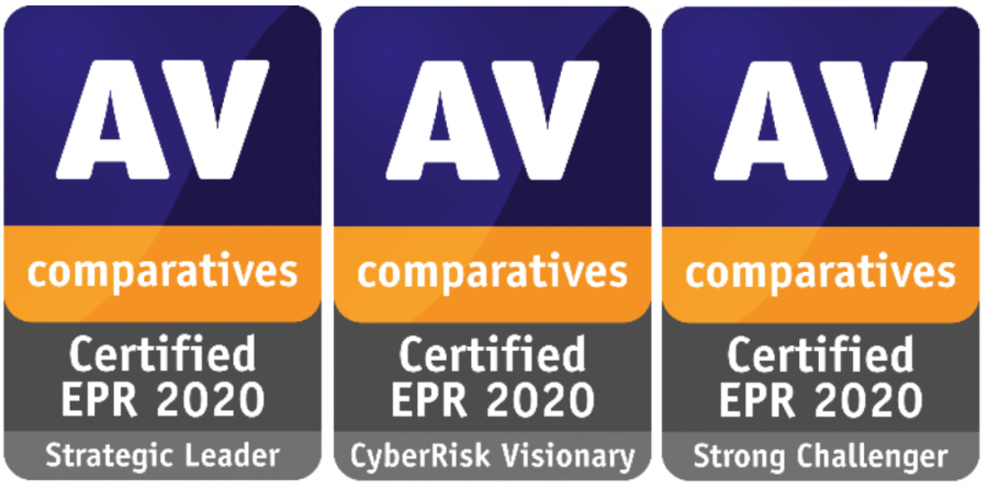 Three Logos of AV-Comparatives’ EPR Product Certifications for 2021. Strategic Leader, CyberRisk Visionary and Strong Challenger.