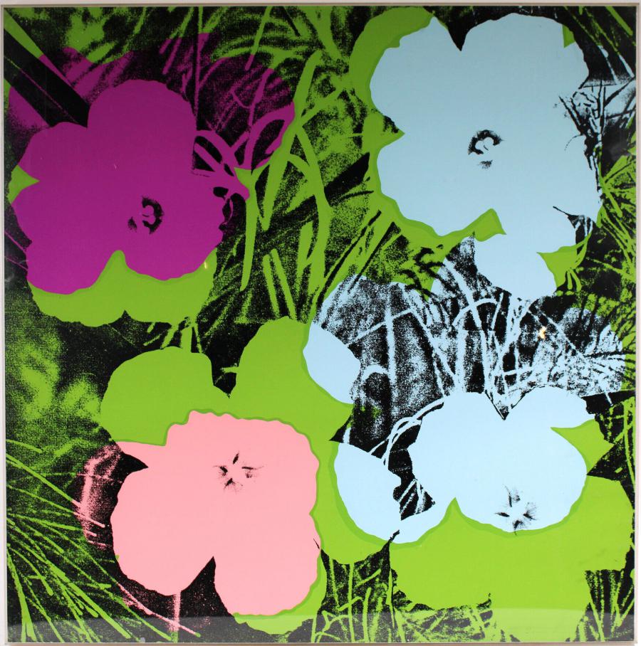 The sale includes two Andy Warhol screen prints in colors on wove paper of flowers (one shown) (each estimated: $50,000-$10,000).