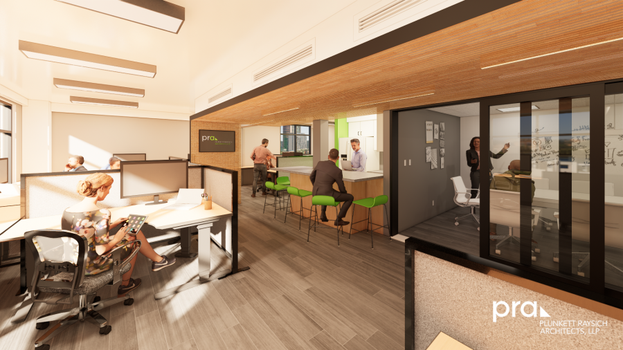 Rendering of PRA's New Office. This image encaptures the the open office layout with options for formal or informal collaboration.