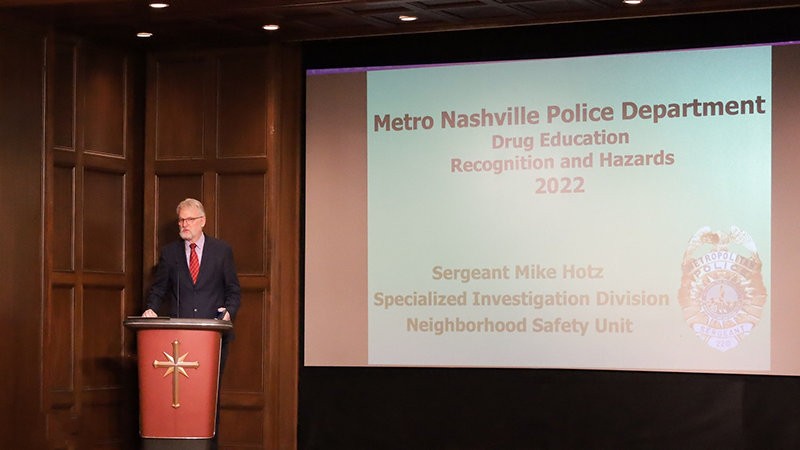 Rev. Brian Fesler of the Church of Scientology Nashville briefed those attending an International Day Against Drug Abuse open house on the drug abuse crisis and the prevention initiative supported by the Church of Scientology.