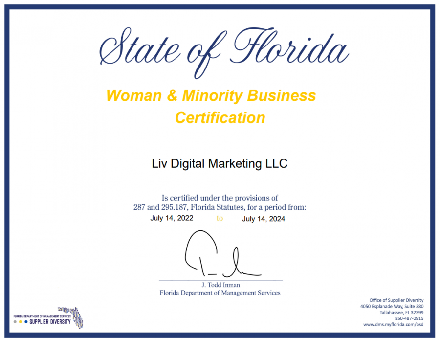 LIV Digital Marketing Receives State of Florida Woman and Minority-Owned Business Certification