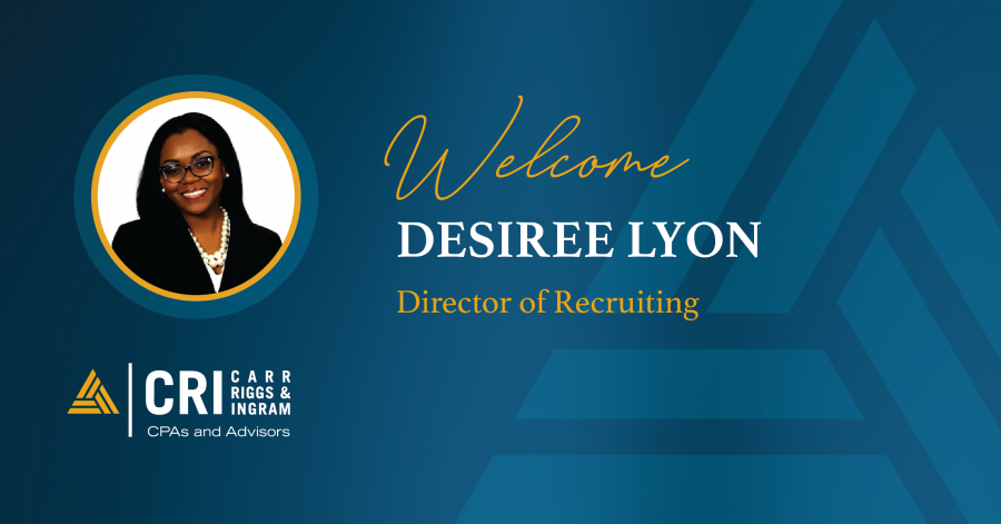 dark blue background with photo of Desiree Lyon and text reading "Welcome Desiree Lyon, CRI Director of Recruiting"