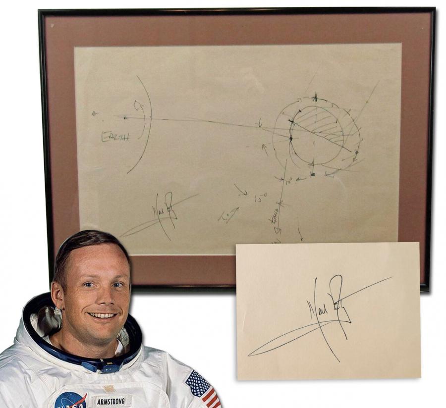 Circa 1990 historic sketch hand-drawn and signed by astronaut Neil Armstrong, depicting important elements of the Apollo XI moon landing, 21 inches by 15 inches, with Steve Zarelli COA (est. $90,000-$110,000).