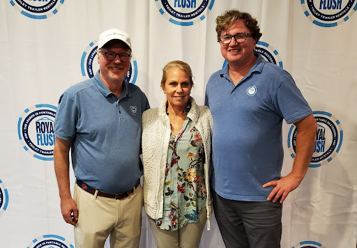 A Royal Flush Principal Owner Tim Butler, left, and CEO Thomas Butler with HonorBound Executive Director Pamela Kushner Harper at the conclusion of the 2021 golf event that raised more than $12,000 for HonorBound. This year’s A Royal Flush Customer Apprec