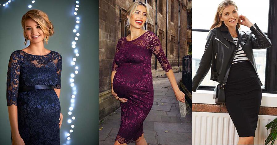 Picture of pregnant women wearing the Tiffany Rose Amelia Lace Dress in its claret and Navy colour and the Dawn OverBump Skirt