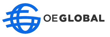 A logo with a brand device that mimics a globe in the form of G and OE Global written out