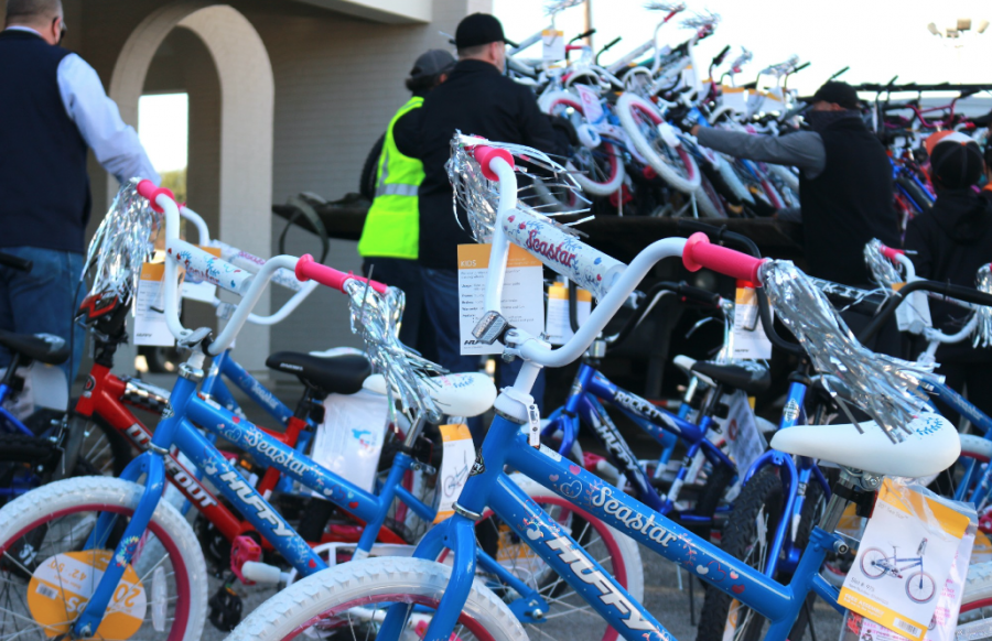 Bicycles are always the most-requested gifts, and the most needed. This is a photo that shows several bicycles lined up together.