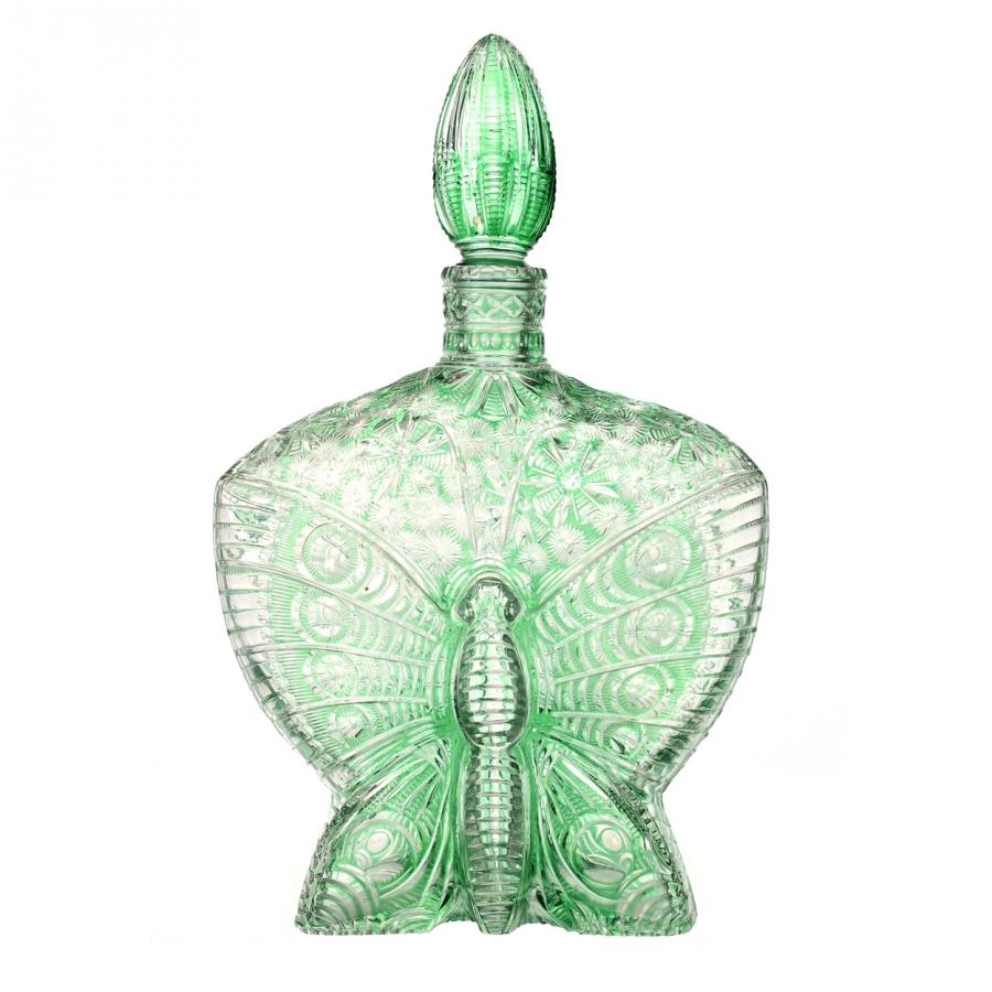 Green cut to clear decanter by Stevens & Williams, 10 inches tall, in the figural butterfly form, the first example of its type that Woody Auction has ever had the privilege to see and sell.