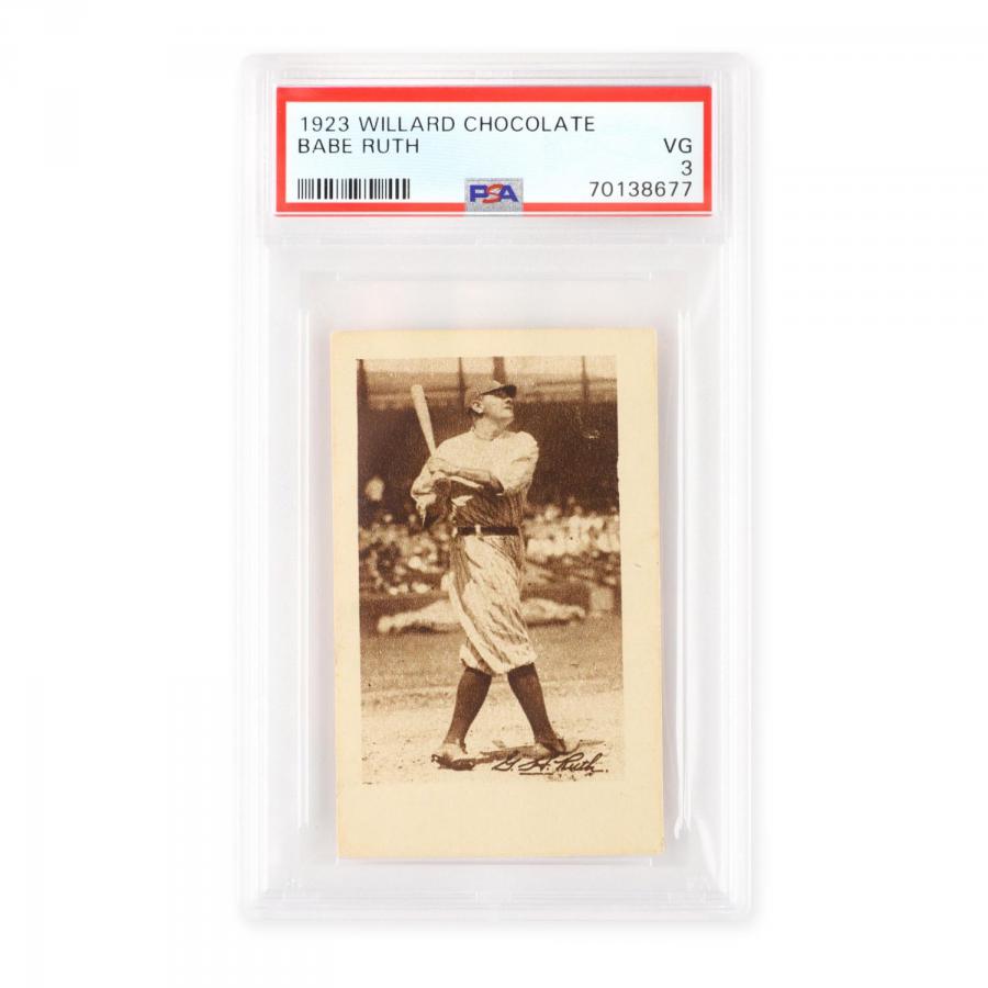 1923 Willards Chocolates Babe Ruth baseball card, graded PSA 3 VG (Very Good), an exceptional example of an early issue Ruth card from a rare Canadian-issued set (CA$23,600).