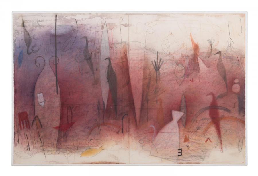 Mixed media on paper laid on canvas by Emmi Whitehorse (American/Navajo, b. 1956), titled Field of Birds (1992), 51 ¼ inches by 78 inches, signed, dated and titled (est. $10,000-$20,000).