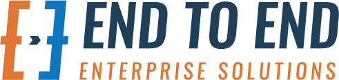 End to End Enterprise Solutions logo, Words with embracing brackets.