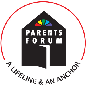 The Parents Forum logo shows a house with an open door and, above it, a semi-circular window with a five-section fanlight. The tagline appearing in the lower portion of the circle surrounding the house is ‘a lifeline & an anchor’.