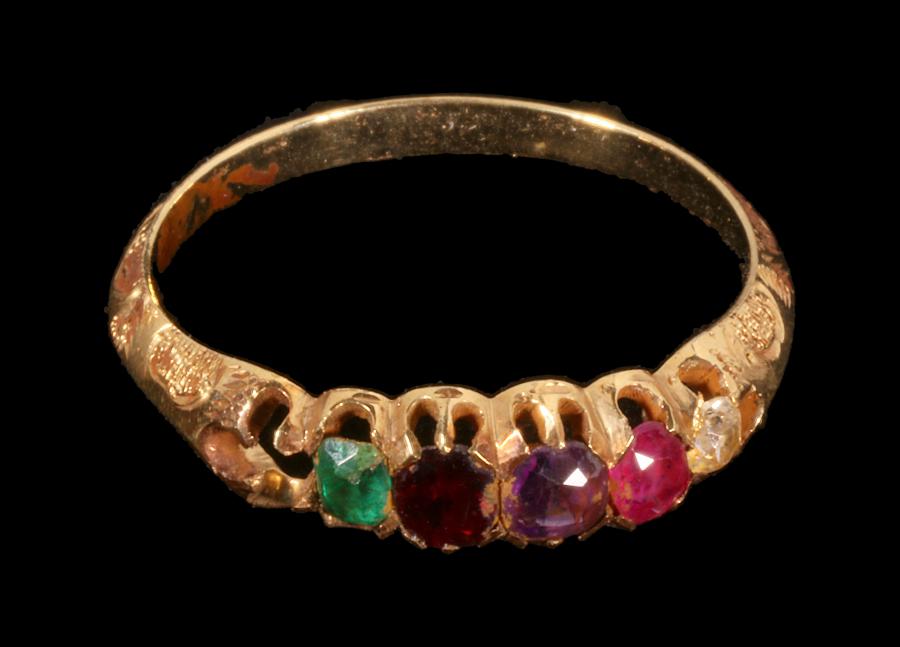 A REGARD ring created with gemstones with first letters that spell out that word – Ruby (missing from the recovered ring), Emerald, Garnet, Amethyst, Ruby, and Diamond -- is among the beautiful California Gold Rush sunken treasure jewelry retrieved from t