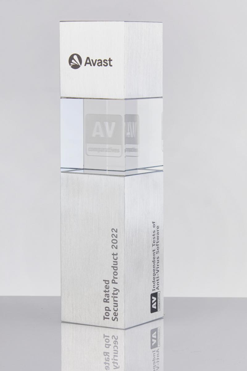 Trophy with the inscription of Avast Top-Rated Security Product 2022 and the logo of AV-Comparatives.