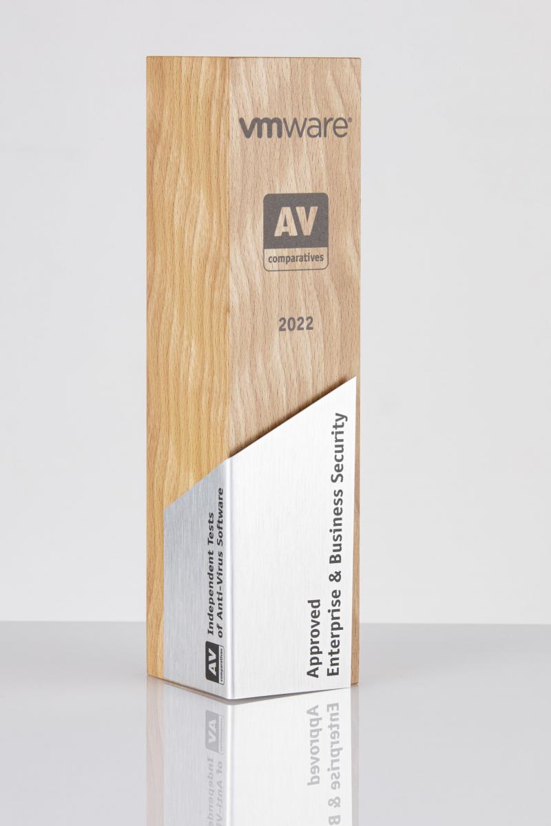 Trophy with the inscription of VMware Approved Enterprise & Business Security 2022 and the logo of AV-Comparatives.