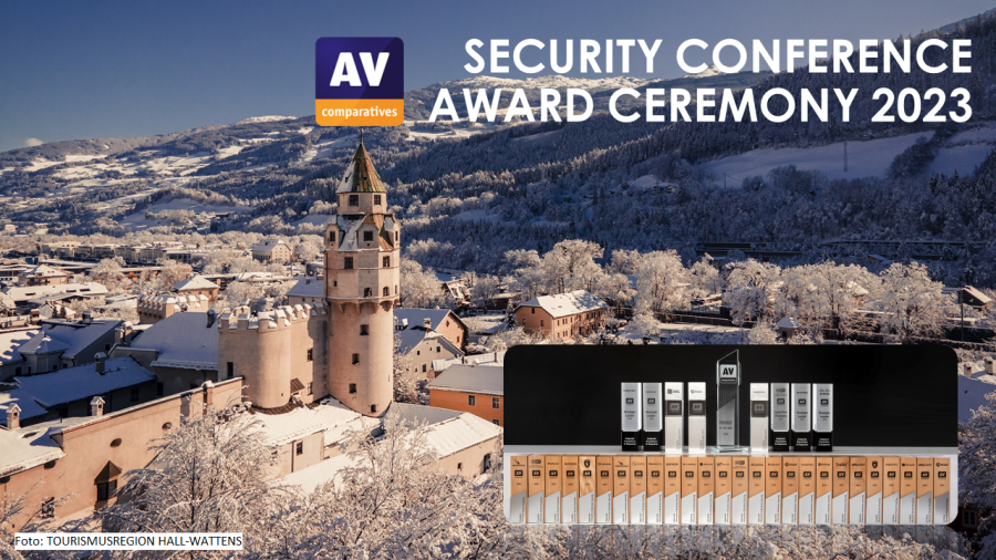 Picture of the Castle Hasegg in Hall Tirol with the Title Security Conference Award Ceremony 2023 and the Logo of AV-Comparatives