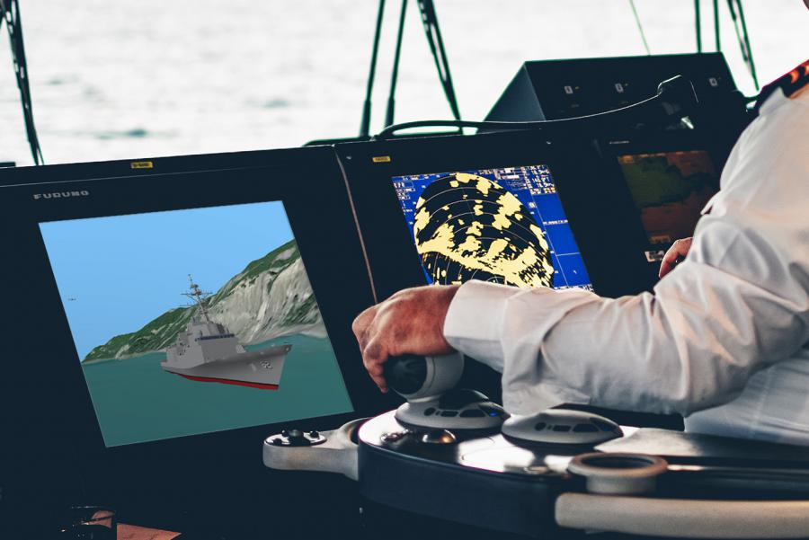 SPx Video Simulator shown in a screen on a boat next to a radar display.