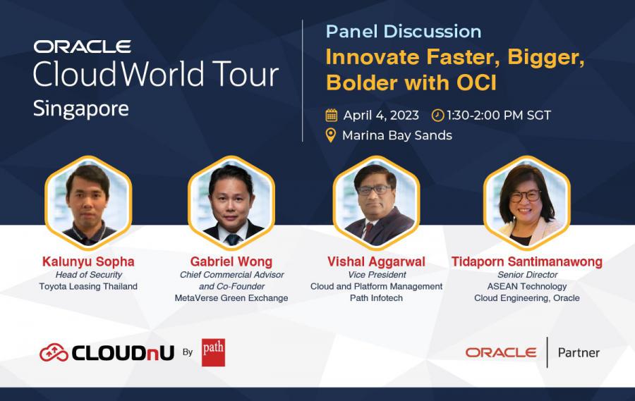 An Image of all speakers at the panle discussion at Oracle CloudWorld Tour Singapore
