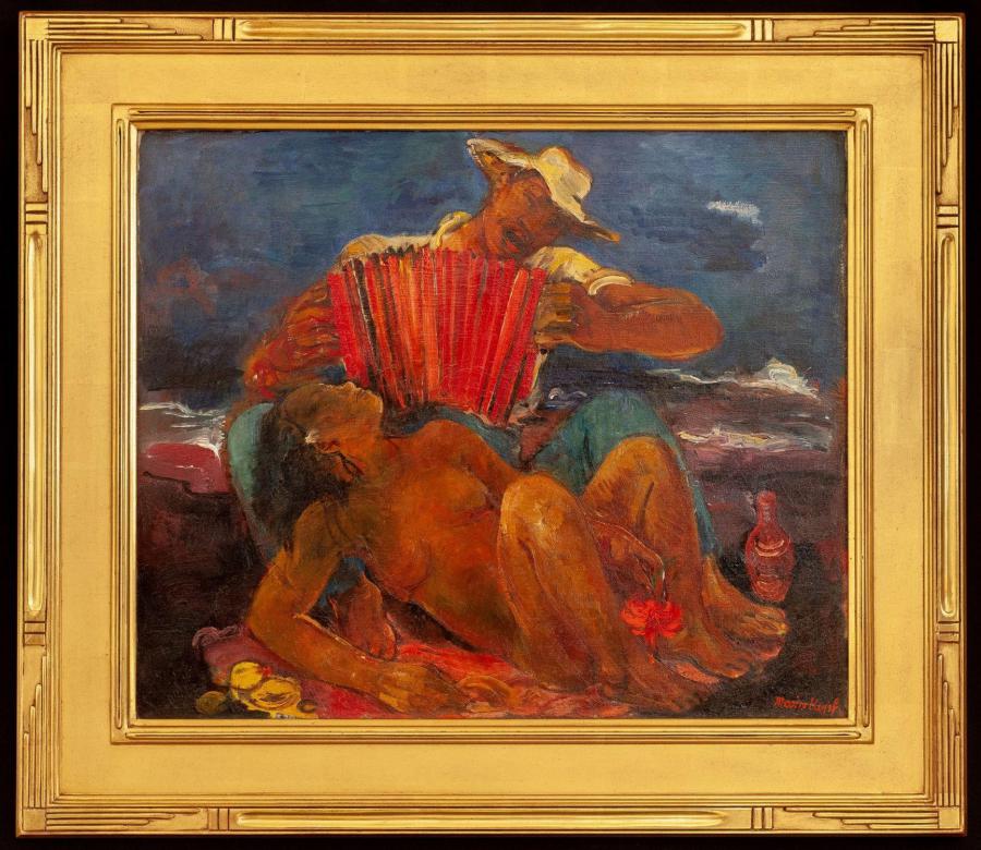 Oil on canvas by the Viennese-born American artist Maxim Kopf (1892-1958), titled Tahitians on the Beach, 27 ¼ inches by 31 ¼ inches, in a carved, gilt custom frame (est. $10,000-$20,000).