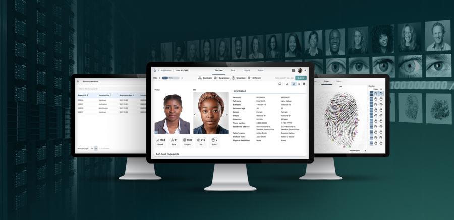 Image of woman on computer screen next to her identification information. Caption: •	MegaMatcher ABIS includes a highly accurate and fast multi-biometric matching engine for managing enrolment, identification, and verification transactions in identity man