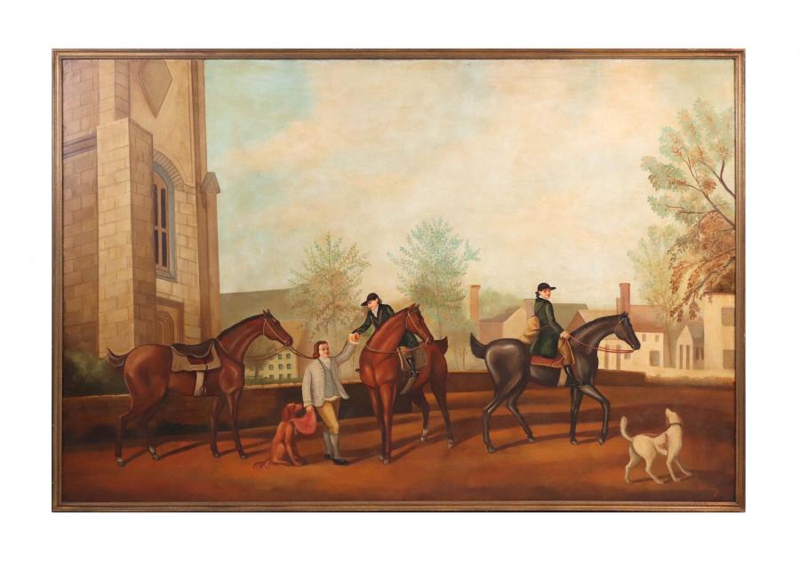 Oil on canvas painting by William Skilling (American/British, 1862-1964), titled Hunting Party, artist signed.