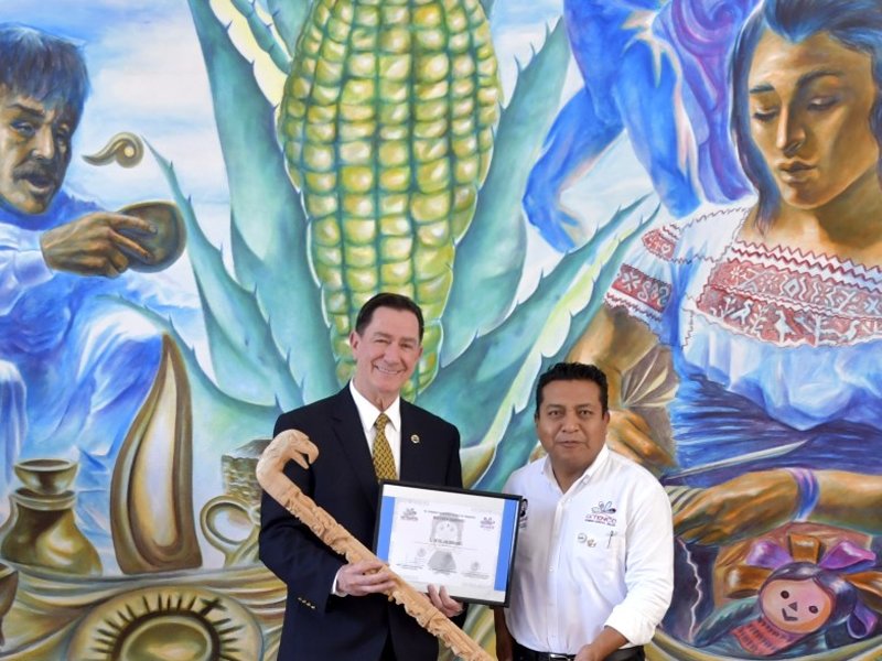 Mayor Renato Sanchez of the city of Ixtenco awards a traditional scepter to L. Ron Hubbard