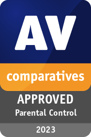 Certification with logo for approved products of AV-Comparatives Parental Control Software Test 2023