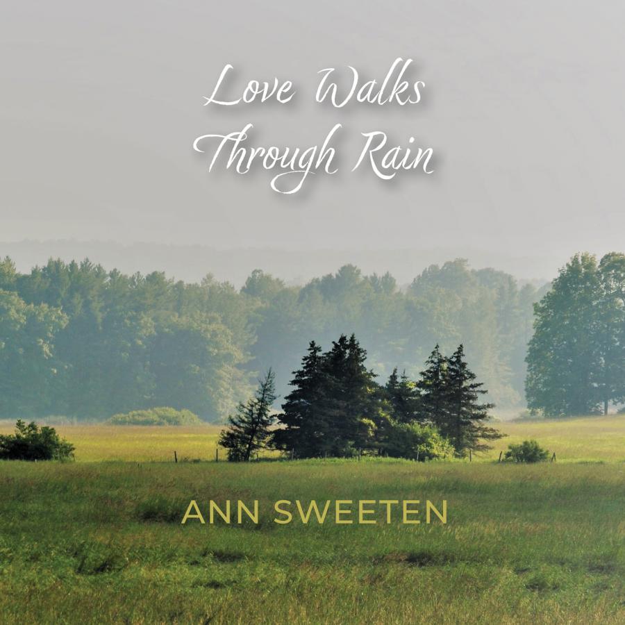 An album cover with a pastoral nature scene; fields of green and a forest.