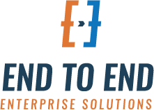 End to End Enterprise Solutions logo, Words with embracing brackets.