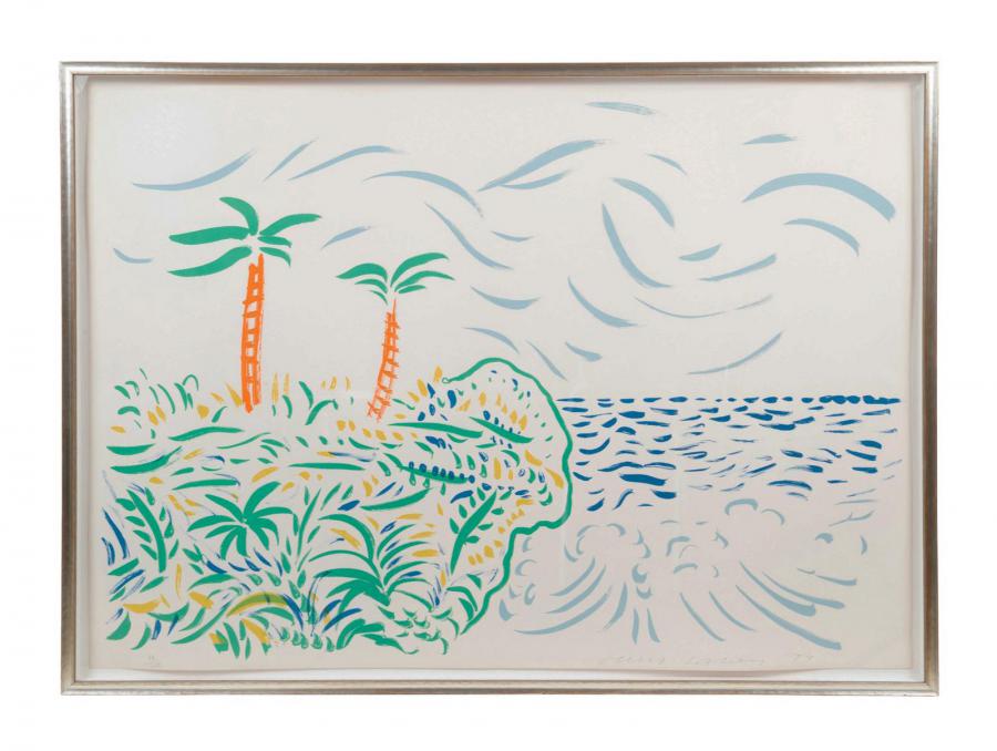 Color lithograph on paper by David Hockney (English, b. 1937), titled Bora Bora, depicting a colorful tropical scene, pencil signed, dated and numbered (“74/100”) ($47,795).