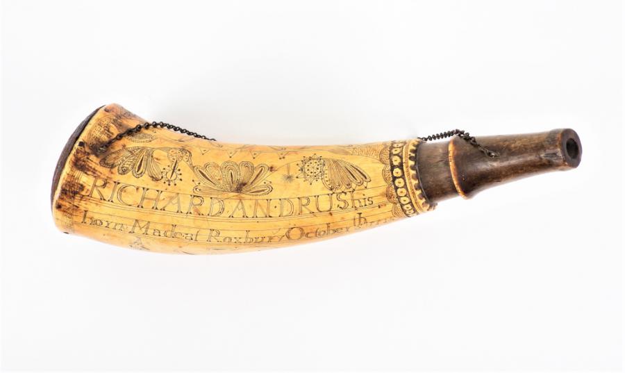 12-inch-long Rev War cow horn belonging to Richard Andrus, who marched with Captain Abel Pettibone’s 7th Company, 2nd Regiment, to the Siege of Boston in 1775 (est. $4,000-$8,000).