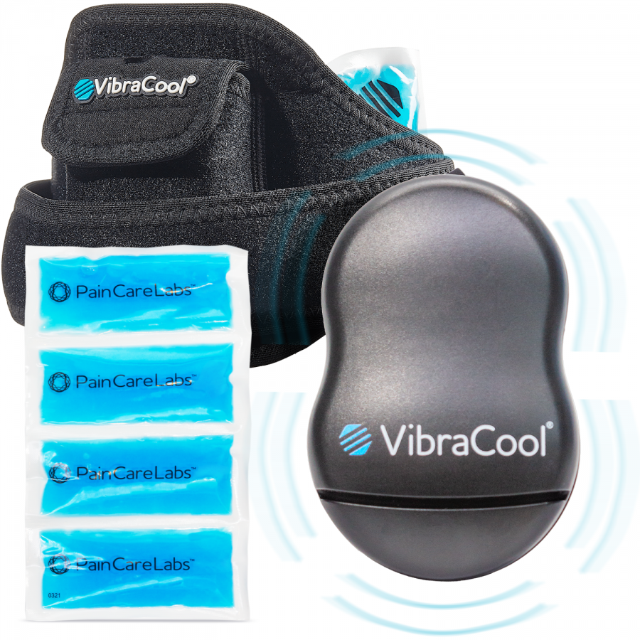 Photo of contents of VibraCool Extended for Knee and Ankle Pain - vibration unit, ice, compression sleeve