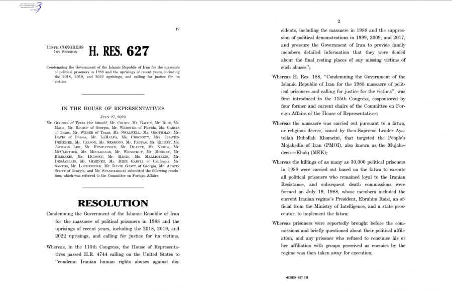 The bipartisan House Resolution H.Res.627, which condemns Iran’s regime for the 1988 massacre of 30,000 political prisoners and calls on the U.S. government to ensure the full protection of Ashraf 3 residents in Albania. 