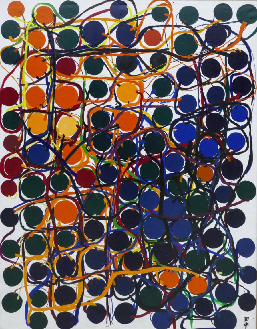 Important untitled synthetic polymer on canvas painting by the Japanese modernist Atsuko Tanaka (1932-2005), 64 ½ inches by 51 inches (canvas, less frame) (est. $300,000-$600,000).