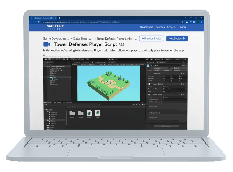 Image shows the Mastery Coding proprietary learning management system called the MC Classroom