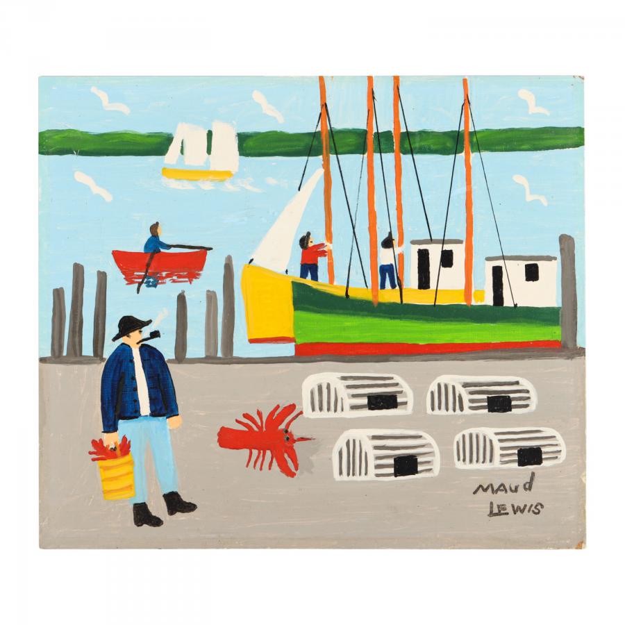 Several paintings in the auction by acclaimed Canadian artist Maud Lewis (1903-1980) include this mixed media on Masonite titled The Lobsterman (est. CA$30,000-$40,000).