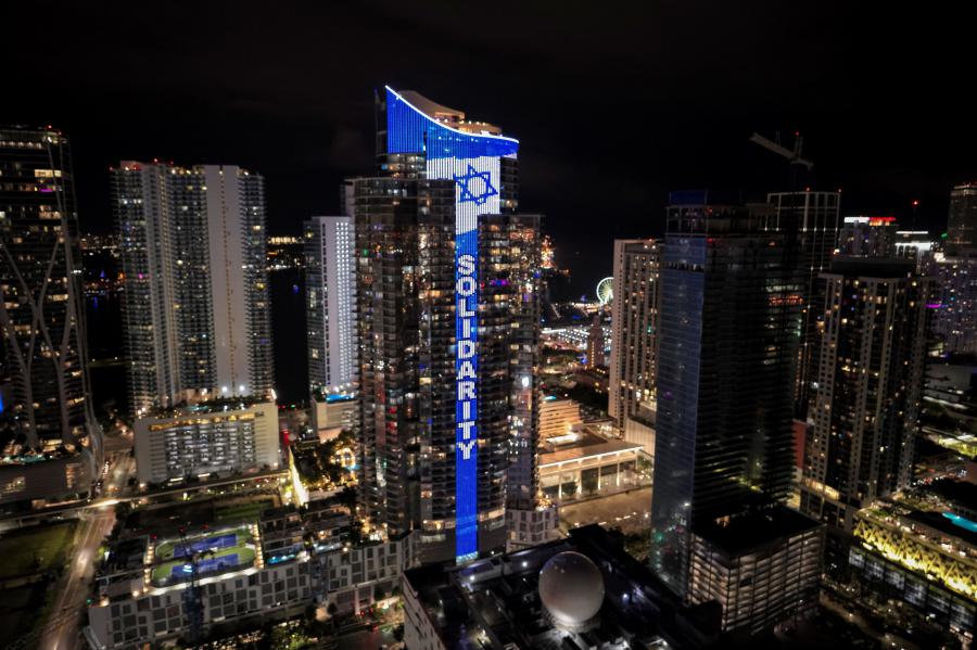 The World's Tallest Digital Israeli Flag is lighting-up the 60-story Paramount Miami Worldcenter as signal of solidarity between the people of Florida and the people of Israel. (Bryan Glazer | World Satellite Television News)