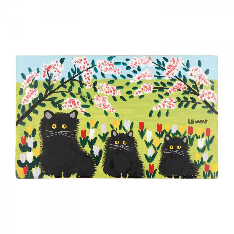 Original oil on Masonite naïve painting by Canadian folk artist Maud Lewis (1903-1970), titled The Three Black Cats, 9 ¾ inches by 16 inches, signed “Lewis” right edge (CA$47,200).