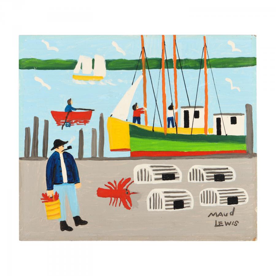 Mixed media on Masonite painting from 1967 by Canadian folk artist Maud Lewis (1903-1970), titled The Lobsterman (CA$53,100).